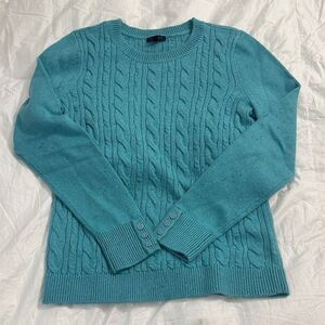 Talbots Cable Knit Sweater Teal Flecked Button Cuff | Small